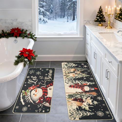 MEHOFOND Christmas Kitchen Rugs Set of 2 Black Snowflake Snowman Deer Winter Holiday Floor Mats, 17x29 & 17x47 Inches