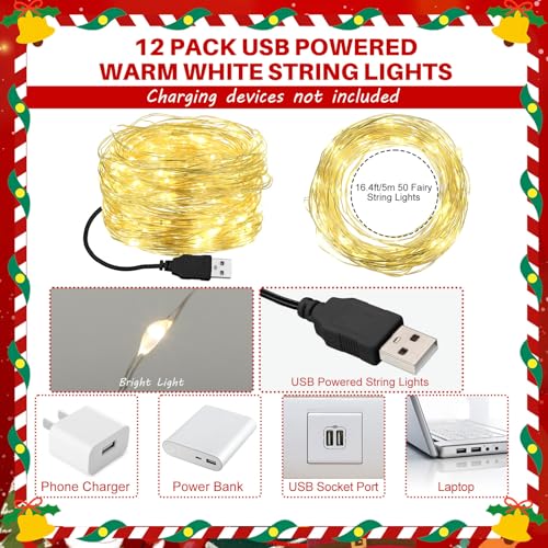 Macarrie 12 Pcs USB Fairy Lights 16 ft Warm White - 50 LED, USB Powered, Decor Gift
