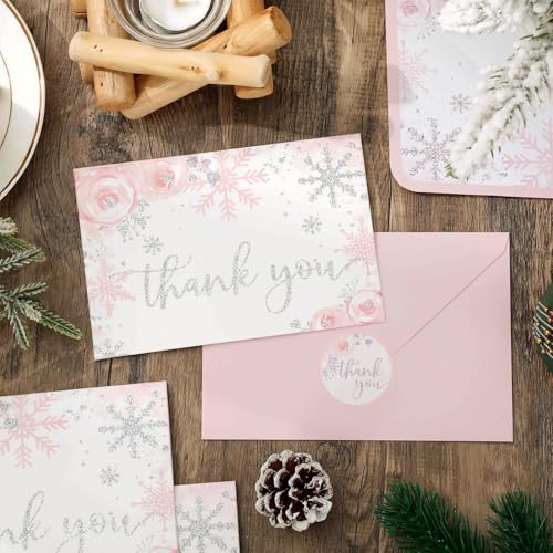 Whaline Pink Glitter Snowflake Thank You Cards 24 Pack with Envelopes & Stickers