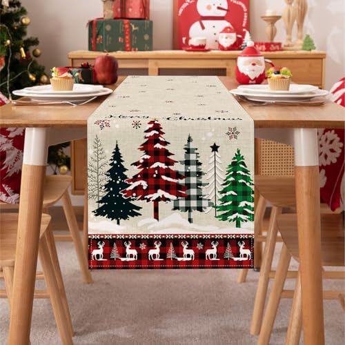 Bonhause Merry Christmas Trees Buffalo Plaid Table Runner 13x90in - Snowflake Deer Seasonal Holiday Decor