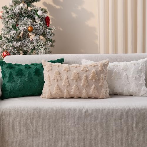 DFXSZ Christmas Tree Pillow Covers 12x20 inch Christmas Decoration Beige Soft Plush Faux Fur Jacquard Throw Pillows for Bedroom Sofa Holiday Festivals Winter Home Decor YZT101B12