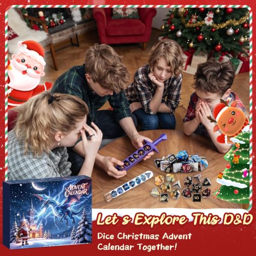 Axxdewow D&D Dice Advent Calendar 2026 with 28 Polyhedral Dice & Sword Storage Cases