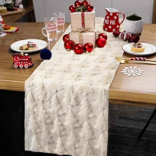Christmas Table Runner 13x72 Inch, Christmas Trees Table Decorations for Kitchen Dinning, Indoor Outdoor Dinner Party Decor (Beige)