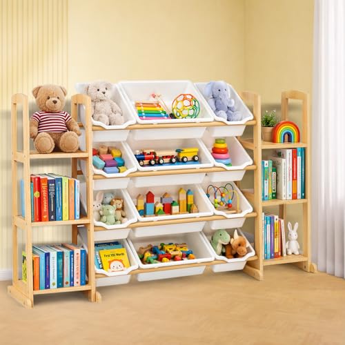 Etitlly Toy Storage Organizer with Bookshelf - W52.3'' 12 Bins & 6 Shelves, White Kids Toy & Book Organizer
