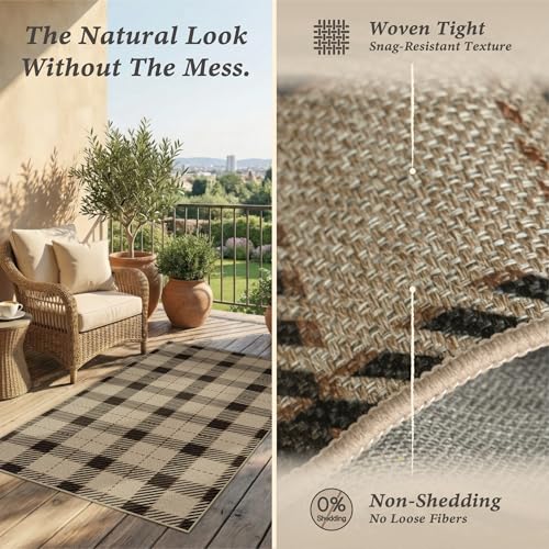 Beige Plaid Outdoor Rug 3x5 for Front Porch, Washable Non Slip Entryway, Farmhouse Style