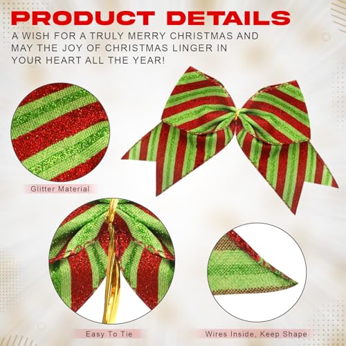 12 Pcs Christmas Bow Decorations - Glitter Red, White, Green Holiday Gift Wrap & Tree Ornaments