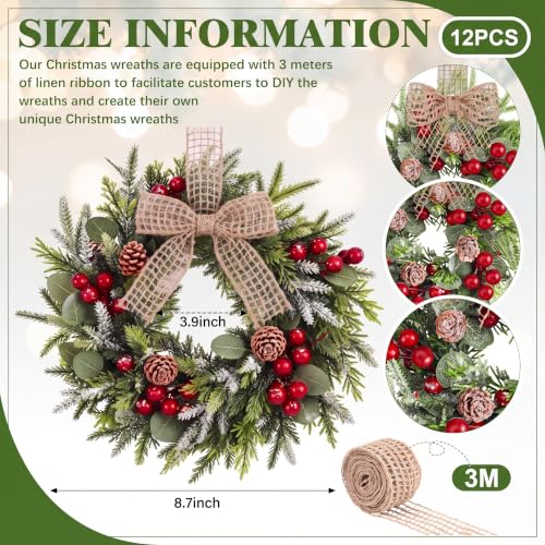 Dingion 12 Pcs Mini Christmas Wreaths for Cabinets with Pine Cones & Bows – 9 inch