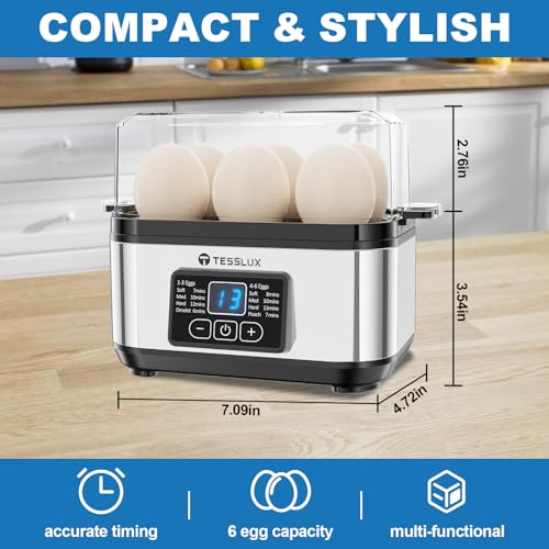 Tesslux Silver Electric Egg Cooker - 6 Egg Capacity, Hard & Soft-Boiled, Poached