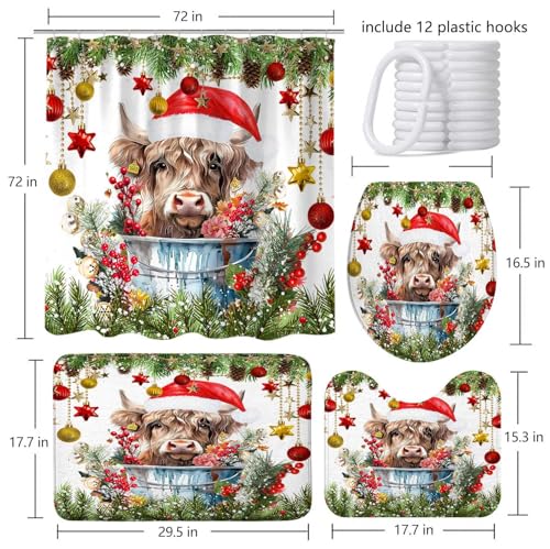 Sanzugh Christmas Highland Cow 4-Piece Bath Set with Rugs & Accessories (Green) – Shower Curtain, Bath Mat, U-Shaped Rug & Toilet Cover