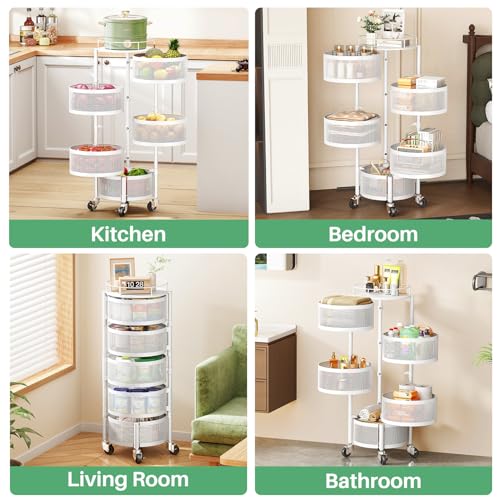 Rotating Fruit and Vegetable Basket Stand - 5 Tier Kitchen Storage, White