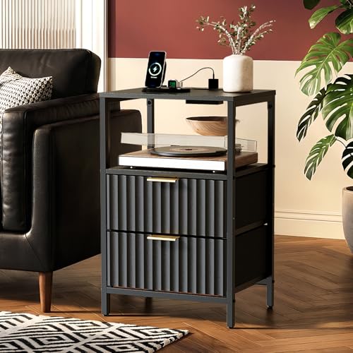VINGLI Black Nightstands Set of 2 with Fabric Drawers, Fluted