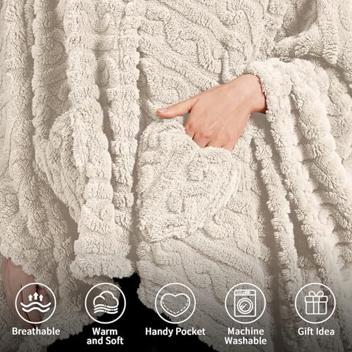 Ivory Wearable Blanket Poncho for Adults Cozy Sherpa Fleece Shawl with Pockets