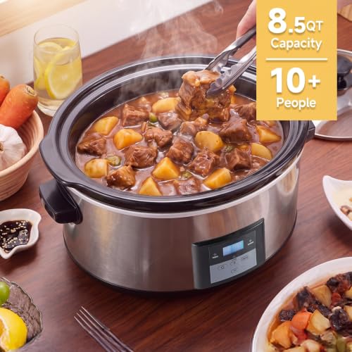 8.5 Qt Aluminum White Slow Cooker with Timer - Large Capacity for 10+ Servings