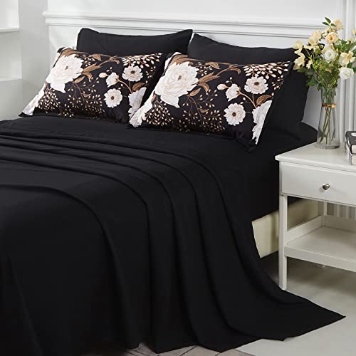 Yogeneg Black Floral 7-Piece King Bed in a Bag Comforter Set Botanical Bedding
