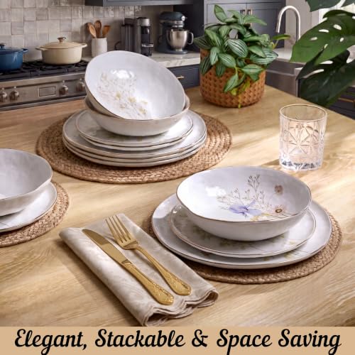 Floral White 12-Piece Porcelain Dinnerware Set for 4 - Elegant Plates & Bowls with Gold Rims