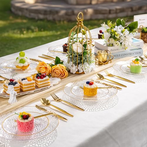 Clear Gold Hammered Plastic Dessert Plates & Forks Set - 240 Pcs Party Tableware