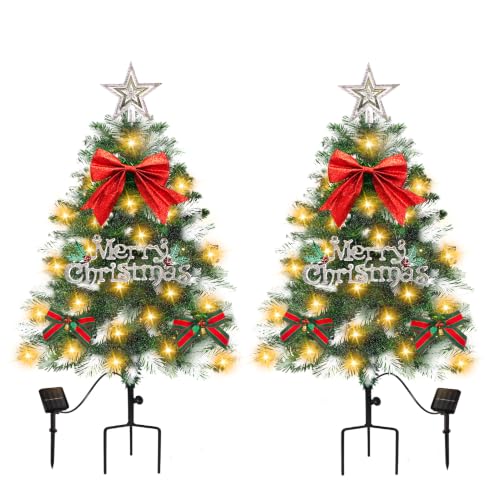 Tailerri Mini Christmas Trees Solar Decor 2 Pack with Snowy Foliage - 8 Lighting Modes