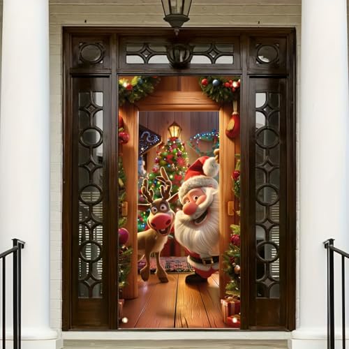 TOMHONG Christmas Door Cover Santa and Reindeer 71x35 Inch Front Door Decor for Holiday Party