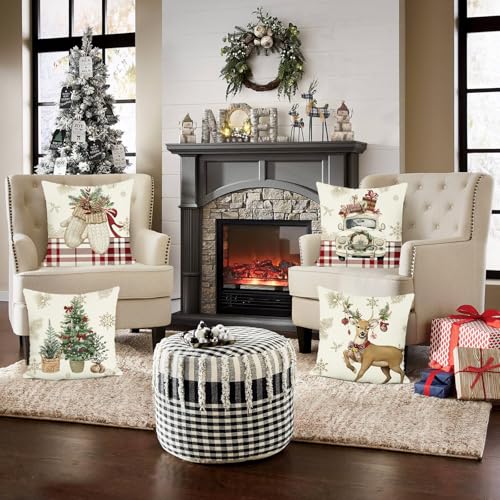 Bonhause Christmas Throw Pillow Covers 18x18 Inch Reindeer Xmas Tree Truck Gloves Red Winter Holiday Decorative Polyester Linen Cushion Cases for Outdoor Sofa Couch Decor Set of 4