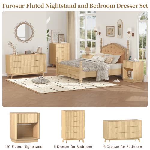 Oak Fluted Nightstand with Charging Station, 1 Drawer - Mid Century Modern Bedroom Furniture