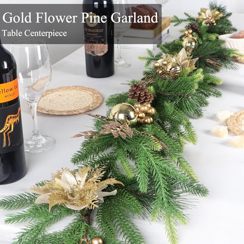 6ft Norfolk Pine Garland with Gold Flowers - Premium Indoor/Outdoor Christmas Greenery
