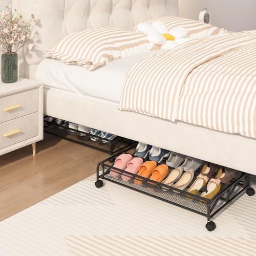KOSIWU 2 Pack Under Bed Shoe Storage Containers with Wheels & Breathable Mesh