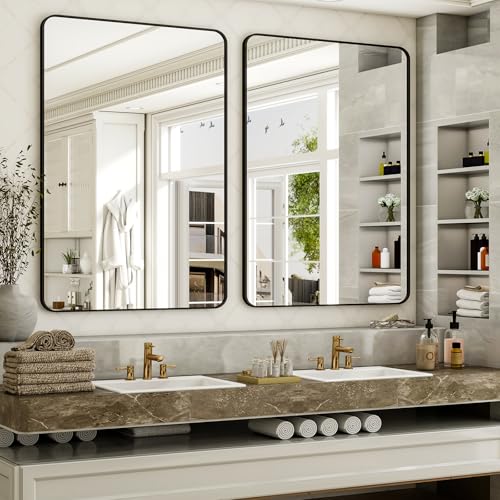 Black Rectangular Bathroom Mirror 30x48 Inch Wall-Mounted Vanity Mirror with Rounded Corners