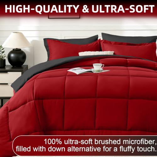 FUANNA Reversible King Size Comforter Set 7 Pieces - Red & Black