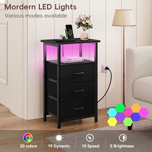 Vagusicc 2-Piece Nightstand Set with RGB LED Charging Stations, Black