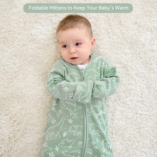 FIEMOL Baby Sleep Sack 6-12 Months Green Dinosaur 2-Pack - Long Sleeve Wearable Blanket with Mittens & 2-Way Zipper