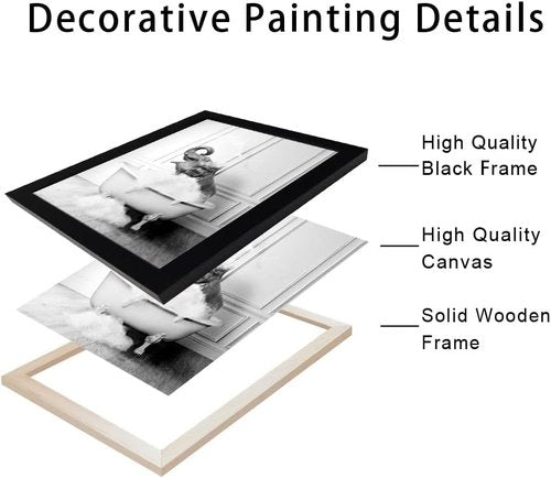 Framed Bathroom Art - Elephant in Bathtub Canvas Print | Funny Black and White Decor