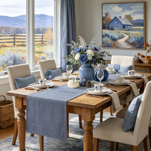 Yuboo Dusty Blue Checked Table Runner 13x72 Inch Fall Linen Blend Decor