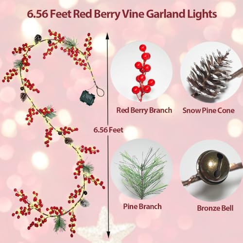 HamiFinee Red Christmas Berry Garland with Lights 6.56FT Indoor Outdoor Decor