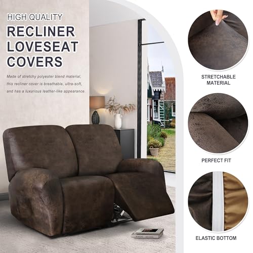 ANARACHON Brown 2-Seater Leather-Look Recliner Loveseat Cover, 6-Piece Stretch Slipcover
