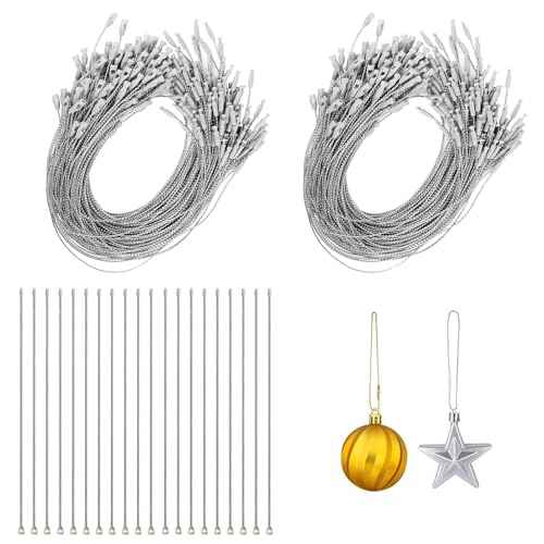 PureGuard Christmas Ornament String Hangers, 200 Pcs Christmas Tree Ornament String Hooks Precut Ornament Ribbon Hangers Locking Ropes for Halloween Christmas Decorations - Silver