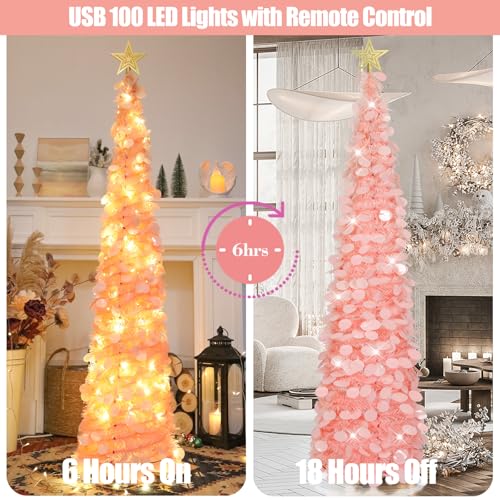 Dreamy Pink 6 FT Pop Up Christmas Tinsel Tree with 100 LED Lights & Remote