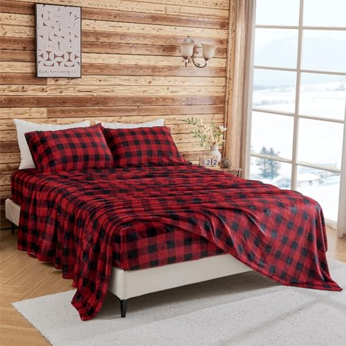 BEDELITE Full Size Plaid Flannel Sheet Set Red & Black 4 Pieces