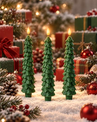 Homemory Flameless Christmas Taper Candles with 3D Flickering Flame, 9.6 Inch, Battery Operated with Timer, Pack of 3