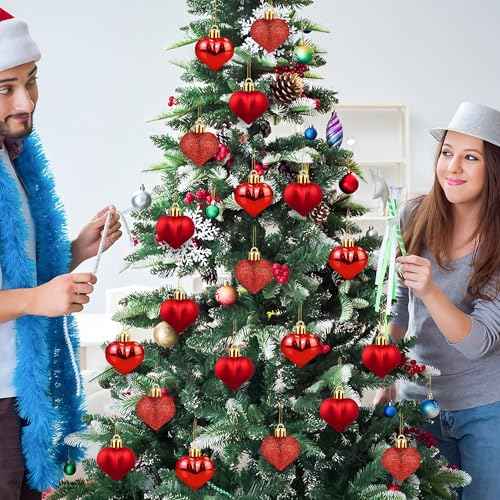 24 PCS Heart Shaped Ornament for Christmas Tree Red Heart Hanging Ornament Multi Finish Hearts Plastic Baubles Xmas Tree Hanging Decoration for Valentines Anniversary Party Decor