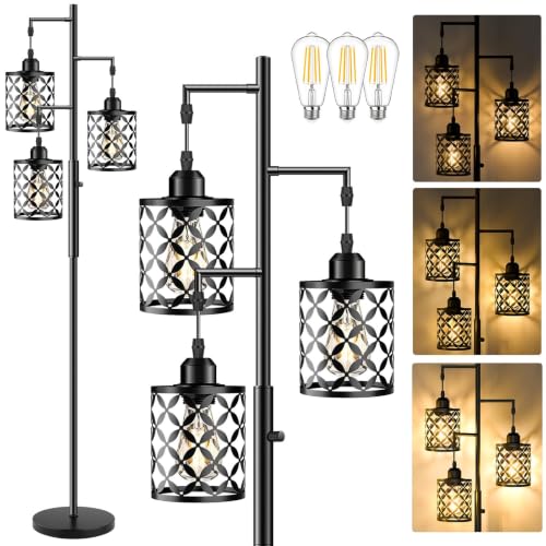 72-Inch Dimmable Industrial Floor Lamp with Quatrefoil Shade & 3 LED Bulbs - Black 800LM