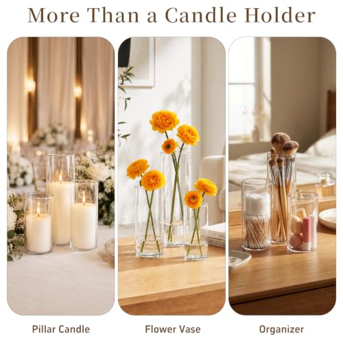 White Pillar Candles with Glass Candle Holders Set - 24 Pieces