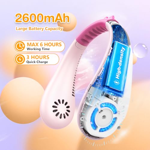 Pink Kids Neck Fan Portable Bladeless Cooling Fan for Children 4-14Y, USB Rechargeable, 4 Speeds, Lightweight Summer Gift