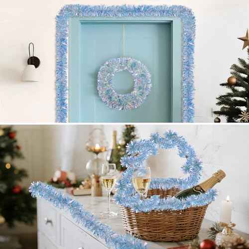 Christmas Tinsel Garland for Xmas, Wedding, Birthday, Home Party Decor, Shiny and Reusable 20 Ft Holiday Christmas Tree Garland Decoration (Light Blue)