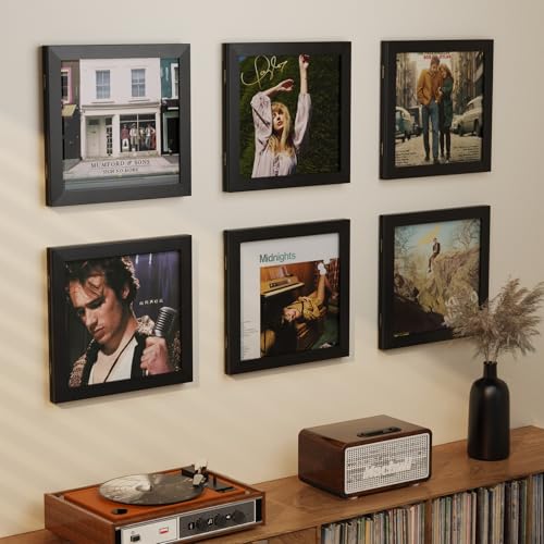 Vinyl Record Frame Wall Mount Set - Black 4 Pack for 12x12 Inch LP Albums - Front-Opening Design