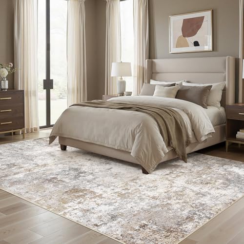 6x9 Brown Grey Washable Abstract Area Rug - Soft Non-Slip Indoor Floor Carpet for Living Room & Bedroom