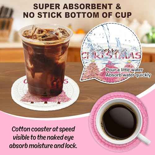 Winter Handmade Braided Cotton Coasters Merry Christmas Pink Santa Xmas Tree Absorbent Drink Coasters for Table Protection Gifts Home Party Decor, Set of 4