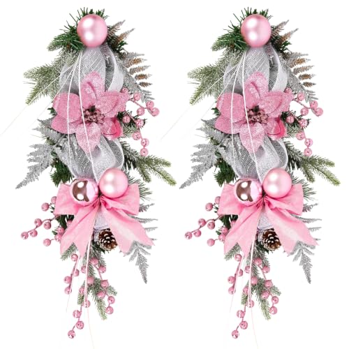 IPOPU Pink 2 Pack Christmas Teardrop Swags 25.5 Inch Decor with Bowknot & Berries
