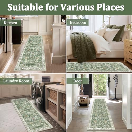 Sage Green Washable Hallway Runner Rug 2x12 Floral Non-Slip Carpet