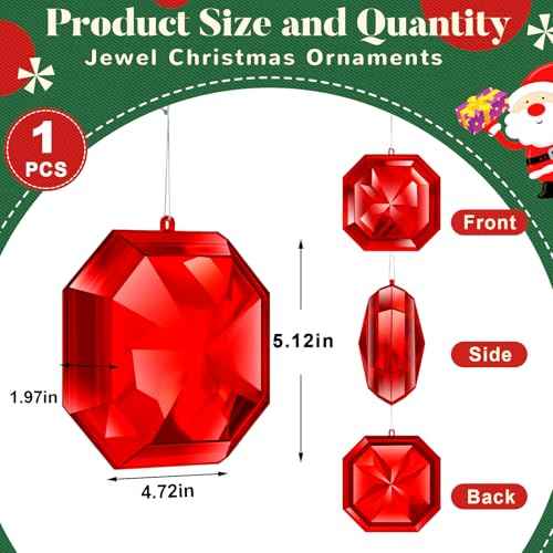 Syhood 5.1 Inch Jewel Ornament Glitter Jewel Ornaments for Christmas Tree Acrylic Large Christmas Tree Hanging Decorations for Xmas Wedding Holiday Party Decor(Red, Square)