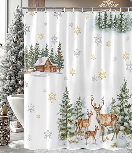 White Christmas Shower Curtain 71x71 Inch Winter Snowman Pine Deer Holiday Decor with Hooks